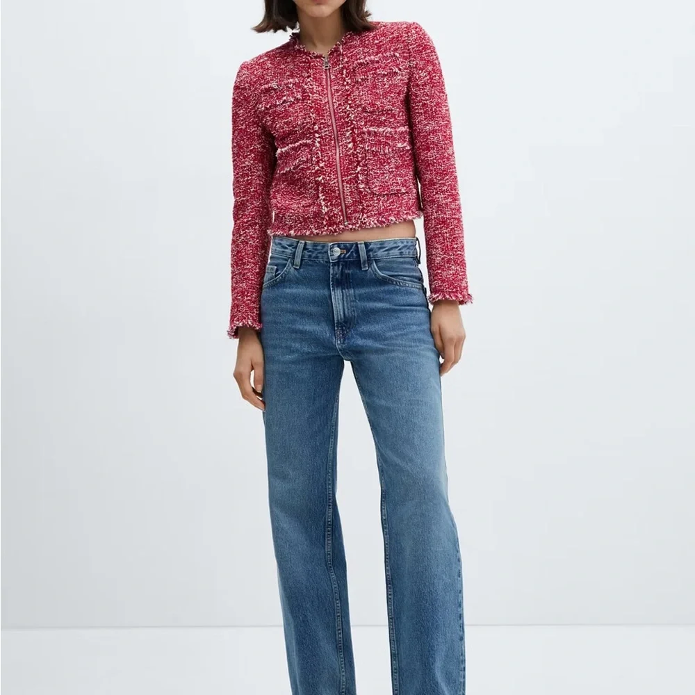Mango Red Tweed Zip-Front Cropped Jacket - Picture 2 of 4